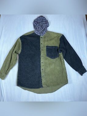 Vtg AD-HOC Men's Two-Tone Corduroy Button-Up Jacket with Plaid Hood Size: Med